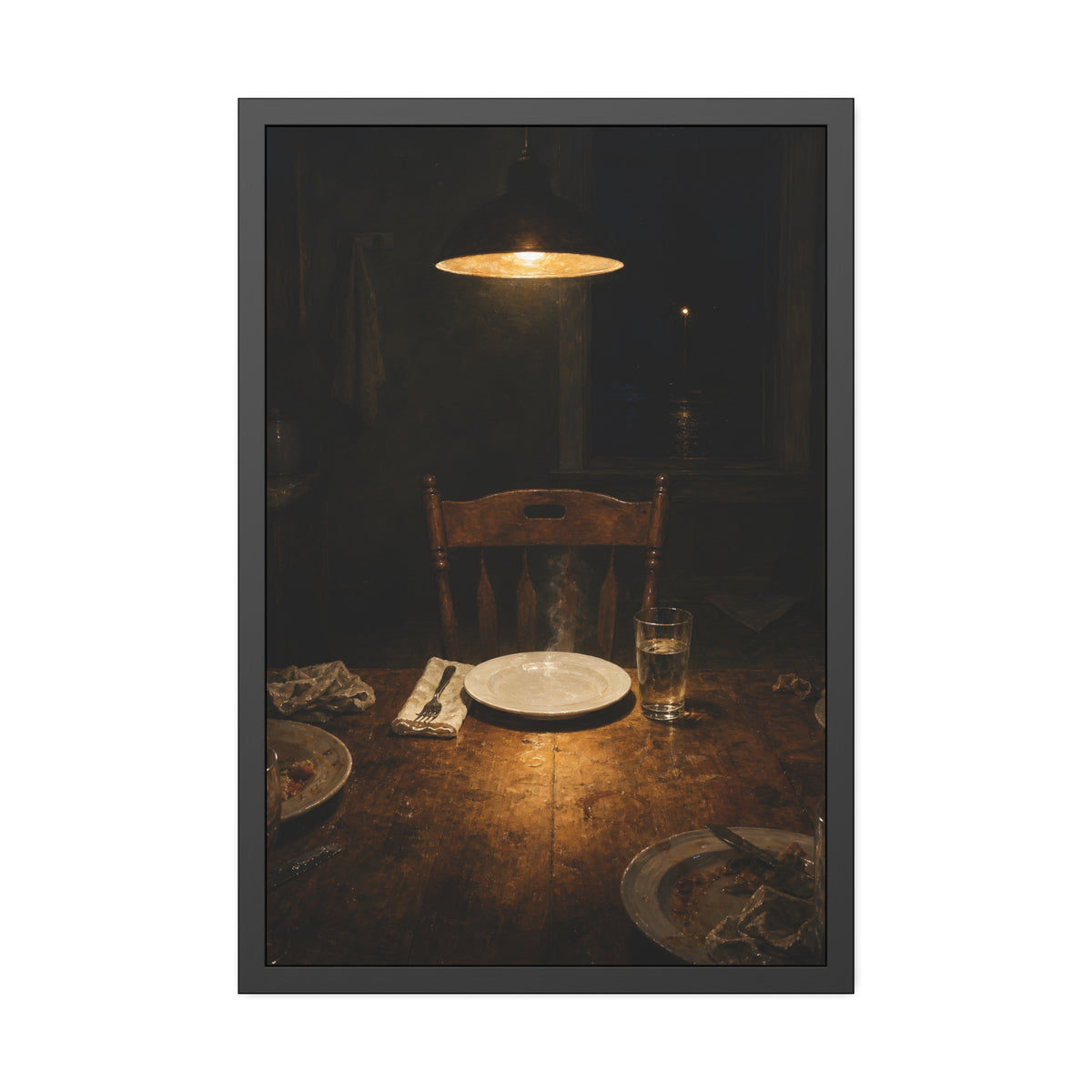 A clean plate and empty chair under a hanging lamp at a used dinner table. The Empty Seat at Dinner by Garabaggio, framed fine art print, 24″ x 36″.