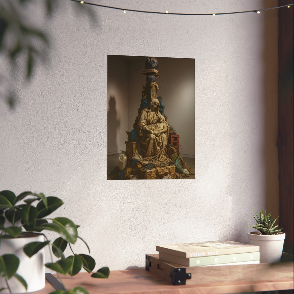 Seated hooded figure cradling a bundle on a mound of bagged refuse. Pietà of the Curbside by Garabaggio, fine art print hanging in a room.