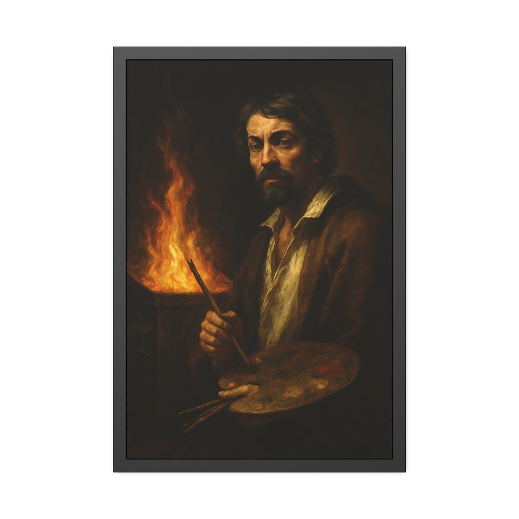 Man holding a palette and brushes, a fire behind him. Self-Portrait with Palette (After Caravaggio) by Garabaggio, framed fine art print hanging in a room.