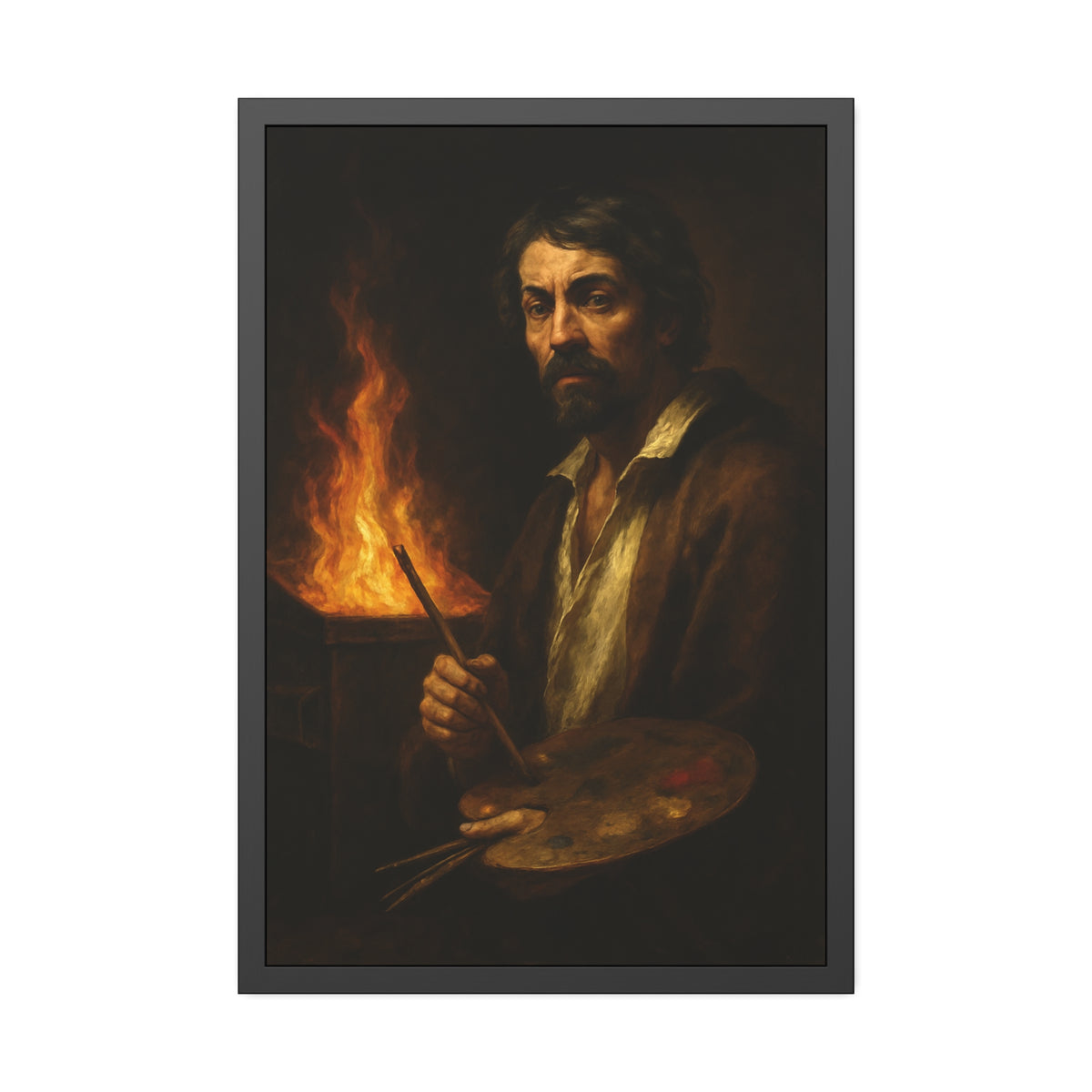 Man holding a palette and brushes, a fire behind him. Self-Portrait with Palette (After Caravaggio) by Garabaggio, framed fine art print hanging in a room.
