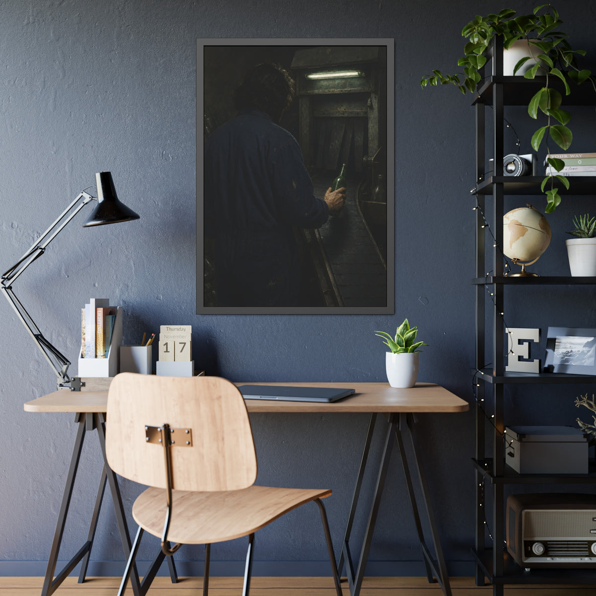 A man in coveralls sets a green bottle on a conveyor under a strip light. Garabaggio at the Conveyor by Garabaggio, framed fine art print hanging in a room.