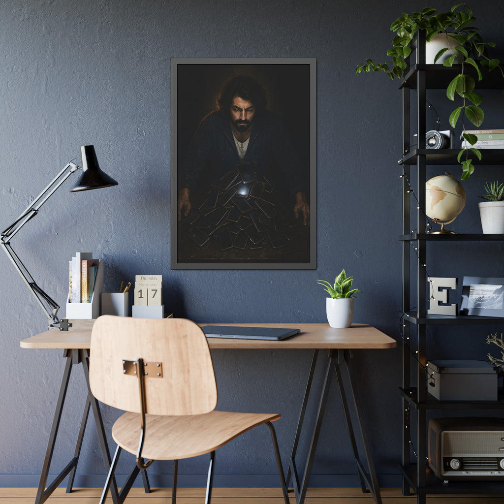 A bearded man leaning over a pile of dark phones, one screen lit. The Last Notification by Garabaggio, framed fine art print hanging in a room.