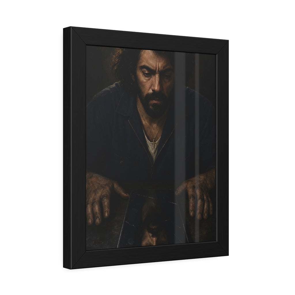 A bearded man in coveralls looking down at his face in a cracked screen. The Mirror After Midnight by Garabaggio, framed fine art print hanging in a room.