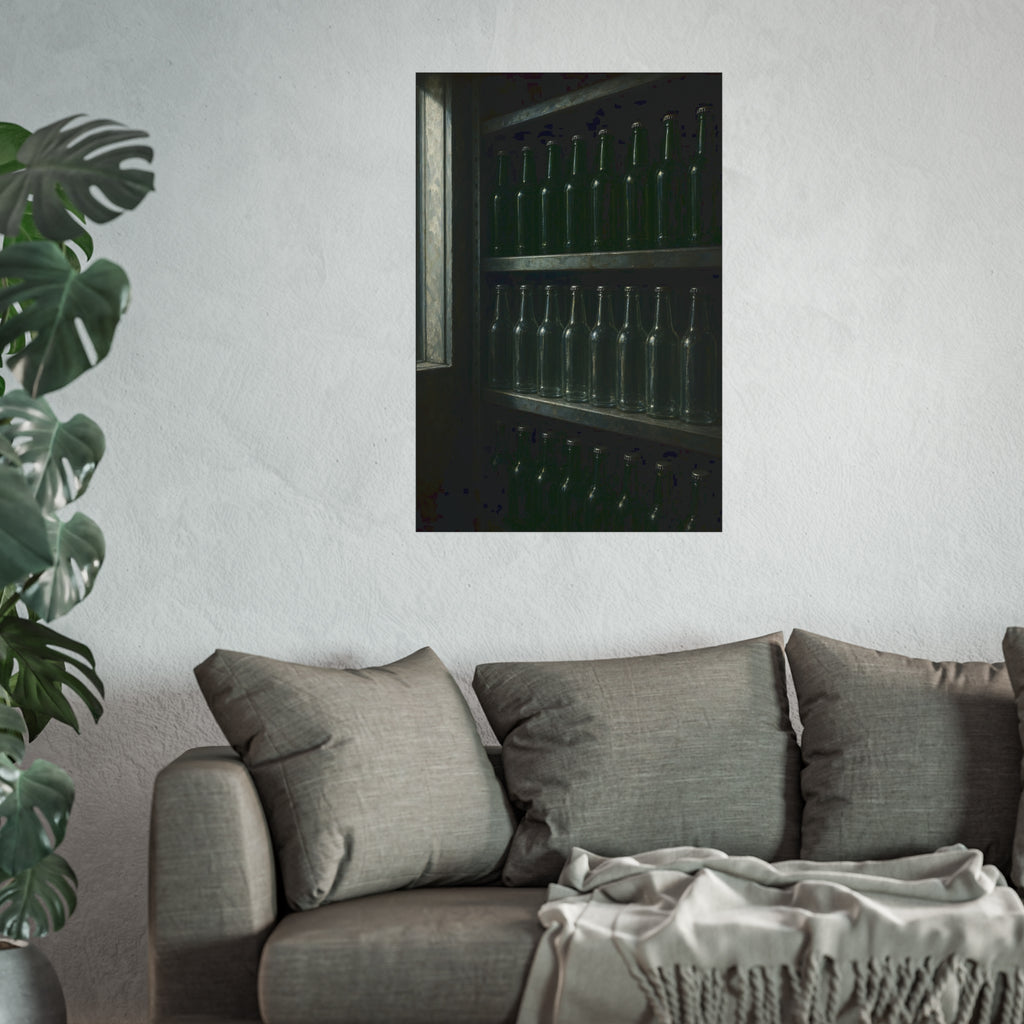 Rows of empty bottles on dim metal shelves, green above and clear below. The Shelf of New Bottles by Garabaggio, fine art print hanging in a room.