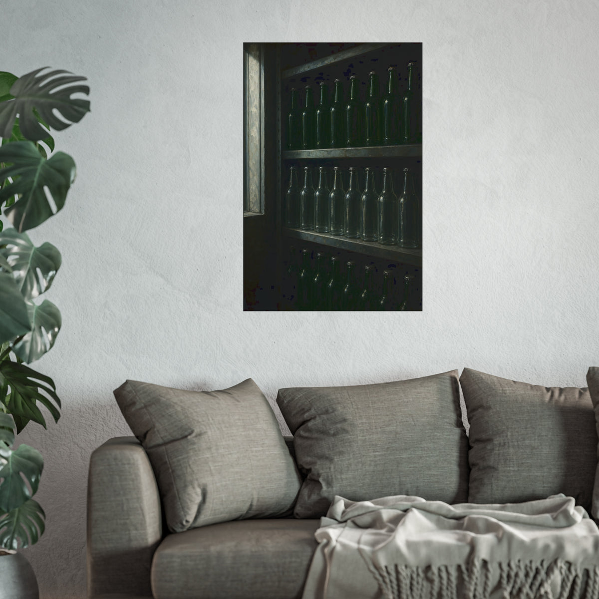 Rows of empty bottles on dim metal shelves, green above and clear below. The Shelf of New Bottles by Garabaggio, fine art print hanging in a room.