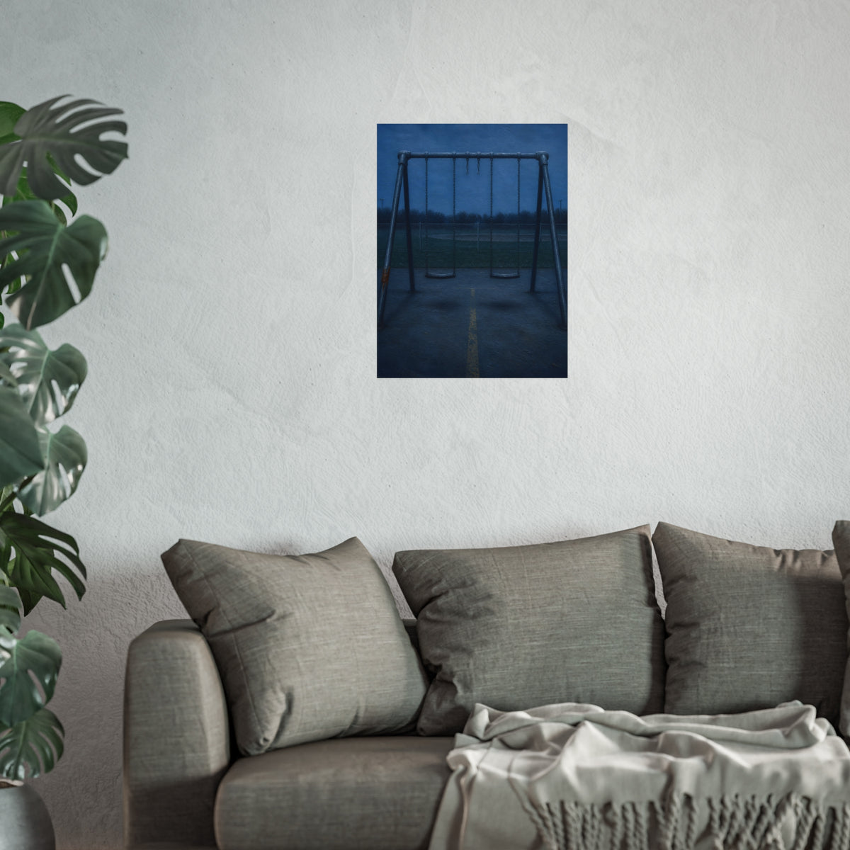 A swing set at dusk with two seats hanging straight. The Sixth Hour: The Seat Hanging Straight by Garabaggio, fine art print hanging in a room.