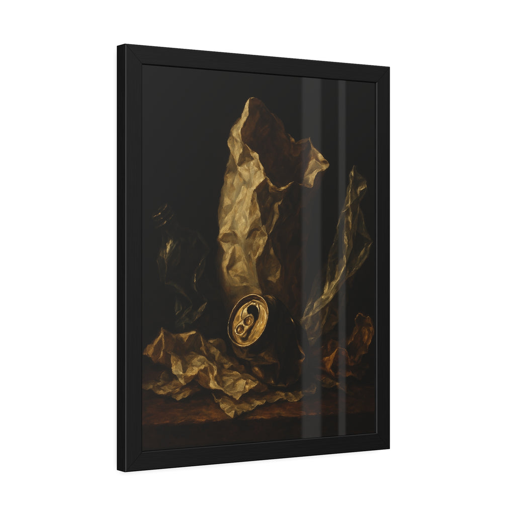 A crushed paper bag, dented can and flattened bottle on a dark table. Vanitas with Crumpled Bag by Garabaggio, framed fine art print hanging in a room.