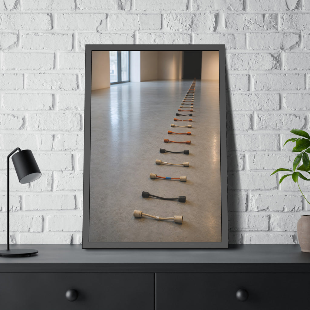 A long line of cut extension cord ends laid across a pale gallery floor. The Severed Procession by Garabaggio, framed fine art print hanging in a room.