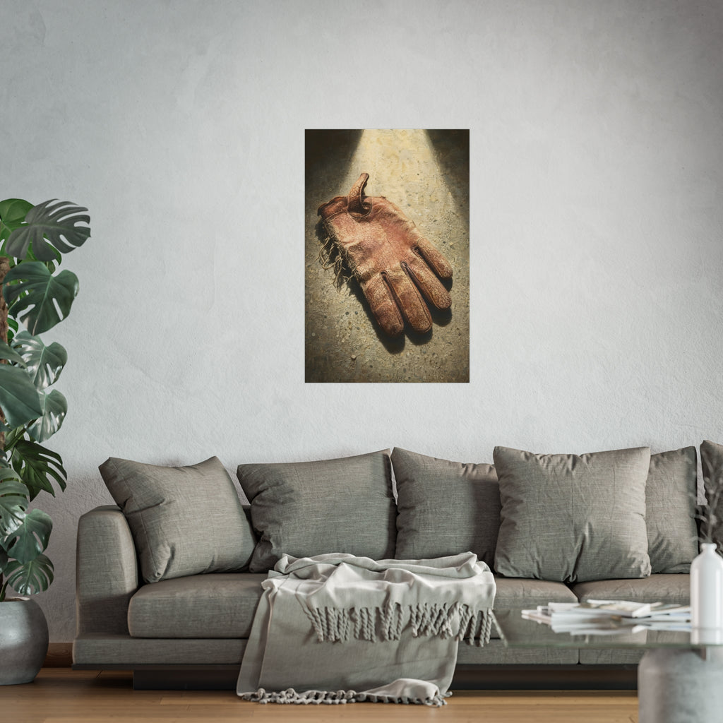 A cracked leather work glove lying on bright sunlit concrete. The Bleaching, Study of a Sun-Tired Glove by Garabaggio, fine art print hanging in a room.