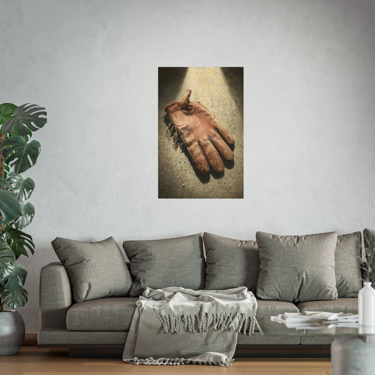 A cracked leather work glove lying on bright sunlit concrete. The Bleaching, Study of a Sun-Tired Glove by Garabaggio, fine art print hanging in a room.