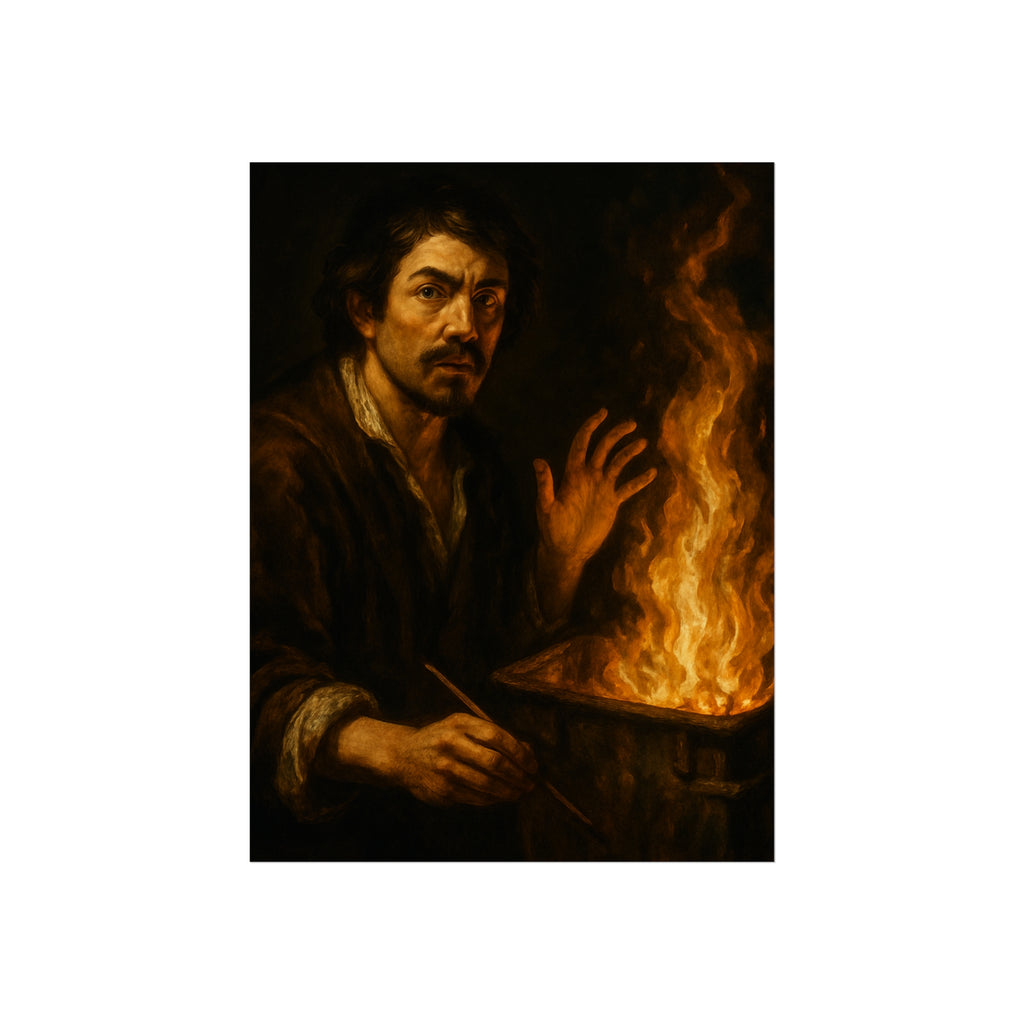 Man holding a paintbrush, his other hand raised beside tall flames. Self-Portrait with Brush and Flame by Garabaggio, fine art print hanging in a room.