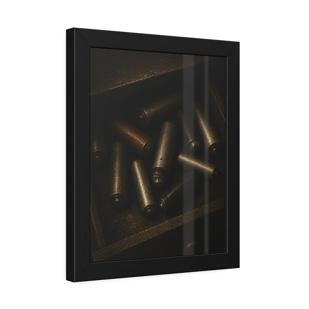 Old batteries loose in an open wooden drawer lit from above. The Drawer Congregation by Garabaggio, framed fine art print hanging in a room.