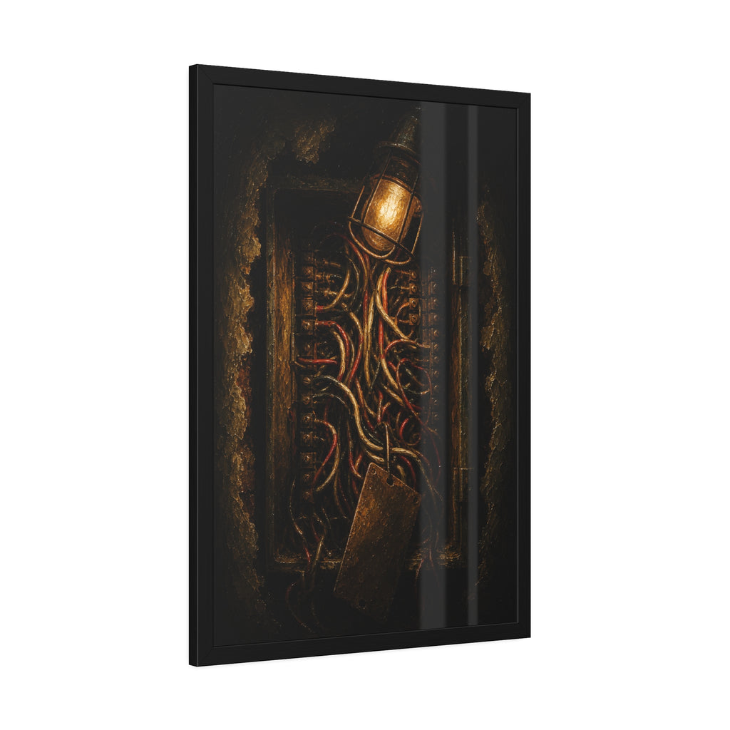 An open intercom box crowded with red and white wires under a bare bulb. The Wires Behind Names by Garabaggio, framed fine art print hanging in a room.