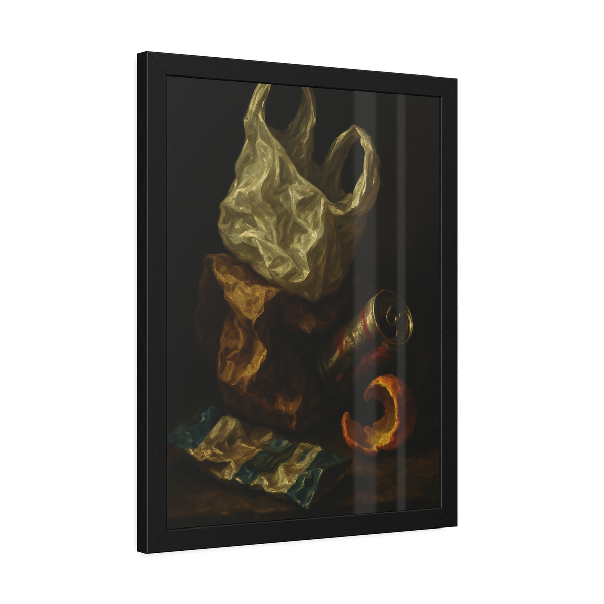 A plastic bag, crushed can and orange peel on a dim table. Still Life with Orange Peel and Resignation by Garabaggio, framed fine art print hanging in a room.