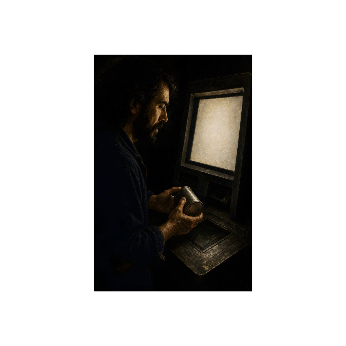 A bearded man holding a dented can before a lit checkout screen. The Item Without Recognition by Garabaggio, fine art print, 24″ x 36″.