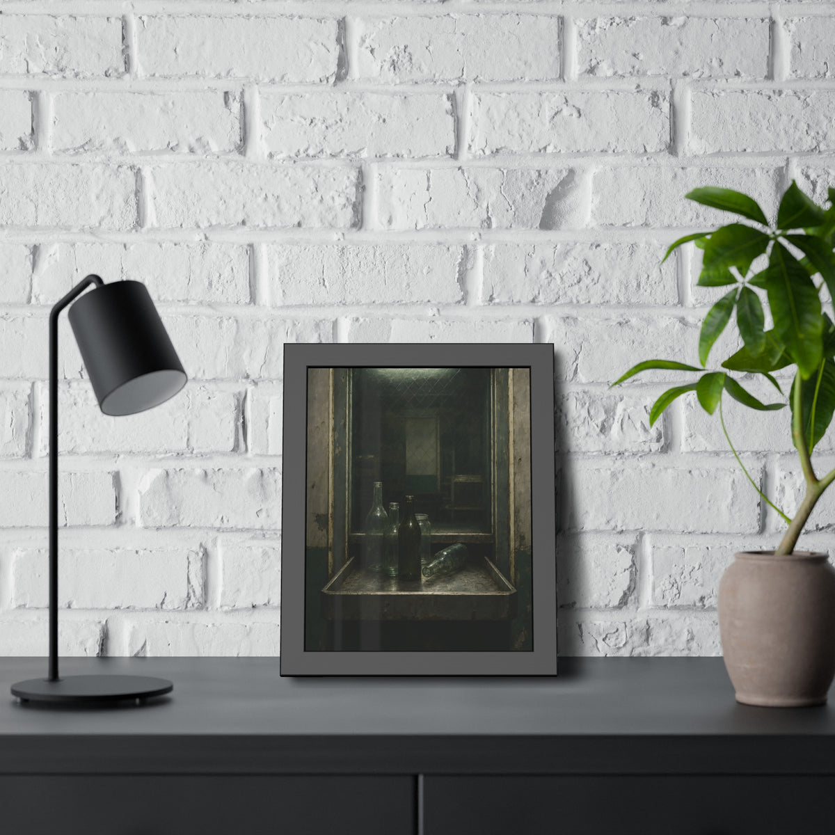 Empty glass bottles on a metal tray at a service window under a fluorescent tube. The Counting Window by Garabaggio, framed fine art print hanging in a room.
