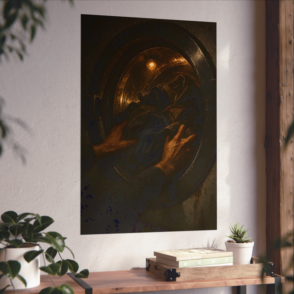 Two hands pushing dark laundry into a washer drum lit by a small bulb. The Loading of the Drum by Garabaggio, fine art print hanging in a room.