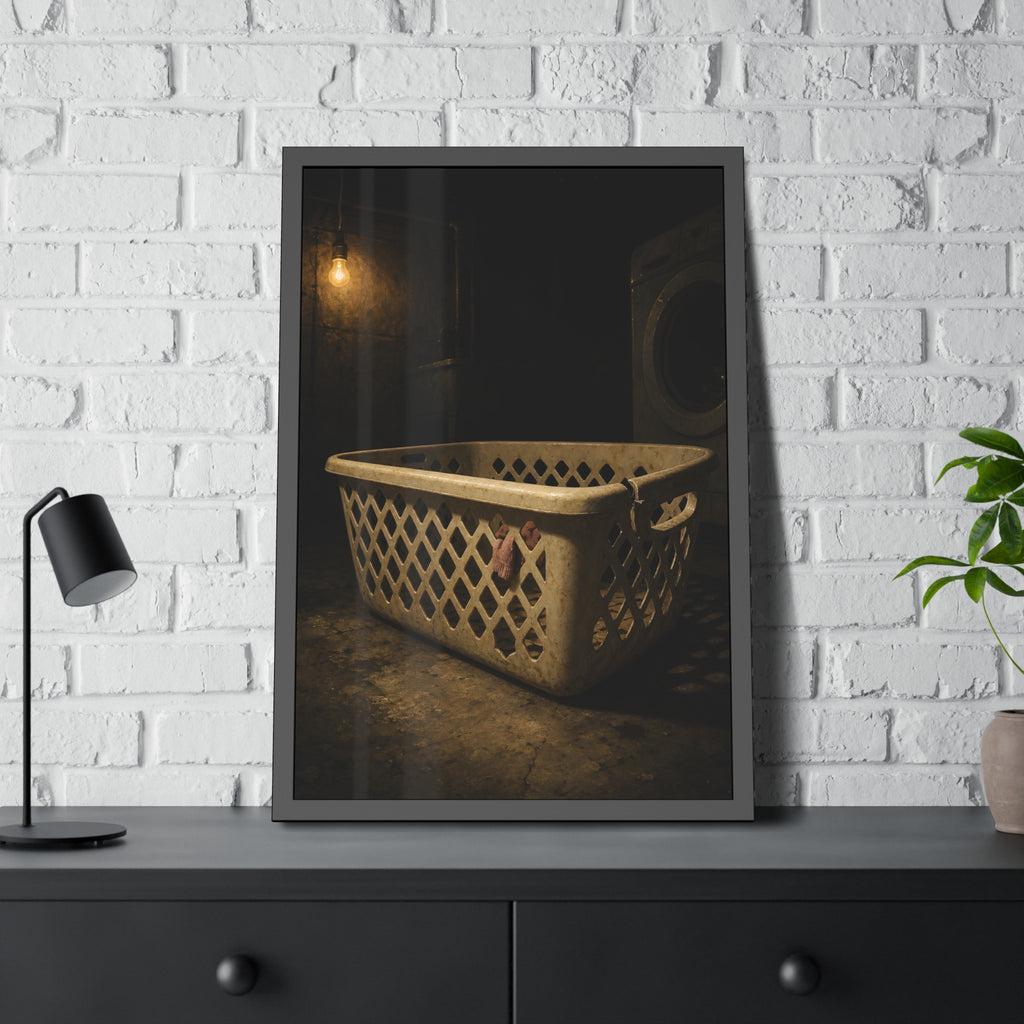 A plastic laundry basket on a basement floor under a bare hanging bulb. The First Split by Garabaggio, framed fine art print hanging in a room.