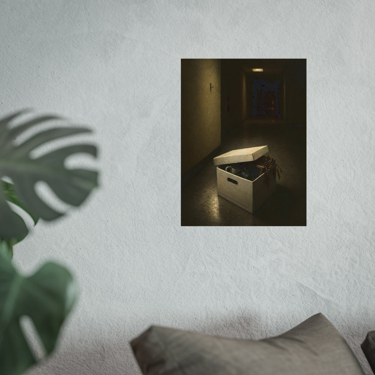 An open box of desk items on the floor of a dim office hallway. The Box of Personal Effects by Garabaggio, fine art print hanging in a room.