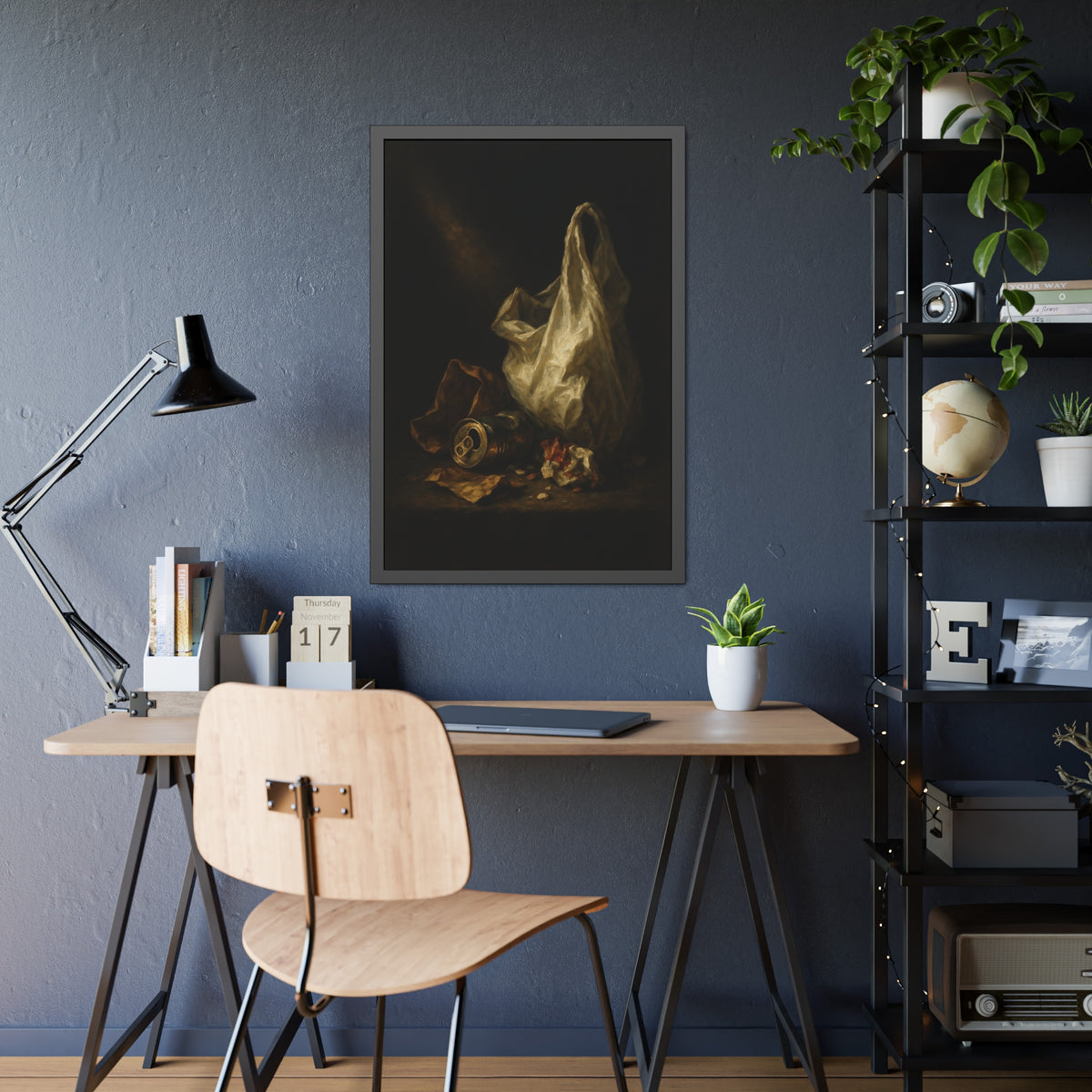 A white plastic bag standing upright in a shaft of light. The Annunciation of the Plastic Bag by Garabaggio, framed fine art print hanging in a room.