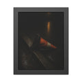 An orange traffic cone toppled on a wet curb under a distant streetlamp. The Dragging Through Rain by Garabaggio, framed fine art print, 11″ x 14″.