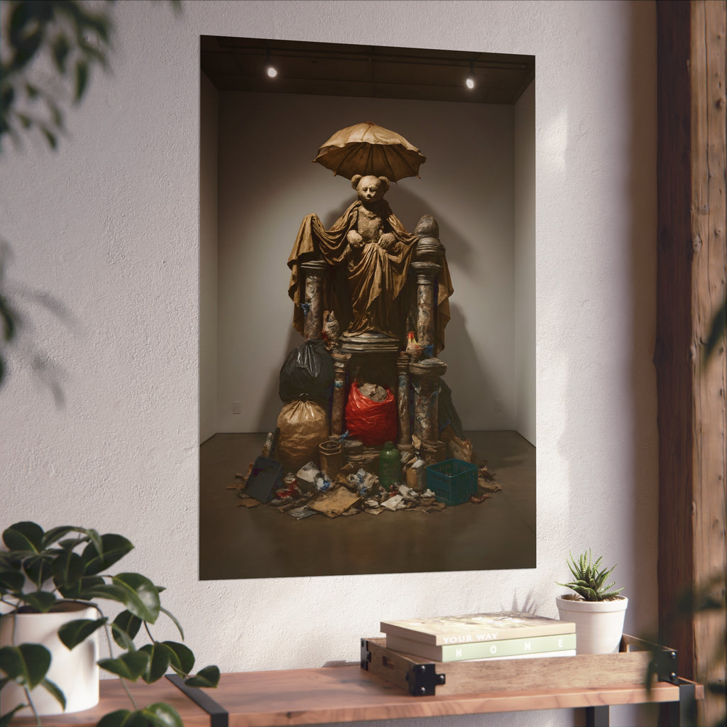 A teddy bear figure under an umbrella atop a pile of trash bags. Madonna of the Lost and Found by Garabaggio, fine art print hanging in a room.