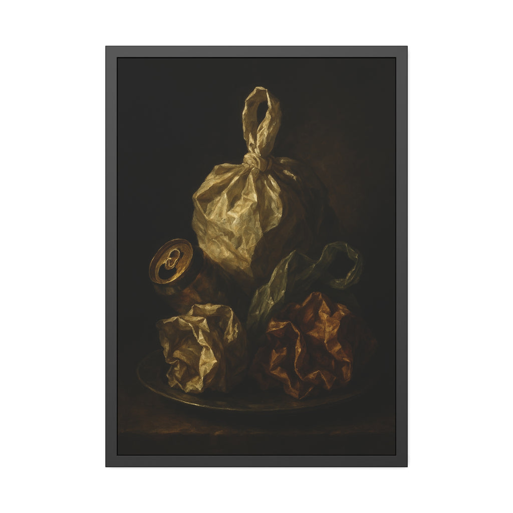 Knotted plastic bag on a plate with crumpled wrappers and a crushed can. Communion of the Knotted Bag by Garabaggio, framed fine art print hanging in a room.