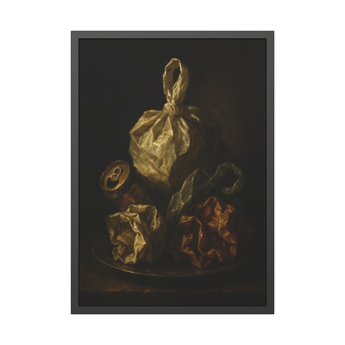 Knotted plastic bag on a plate with crumpled wrappers and a crushed can. Communion of the Knotted Bag by Garabaggio, framed fine art print hanging in a room.