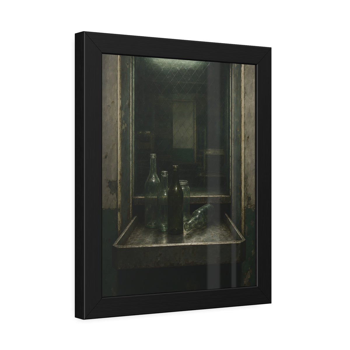Empty glass bottles on a metal tray at a service window under a fluorescent tube. The Counting Window by Garabaggio, framed fine art print hanging in a room.