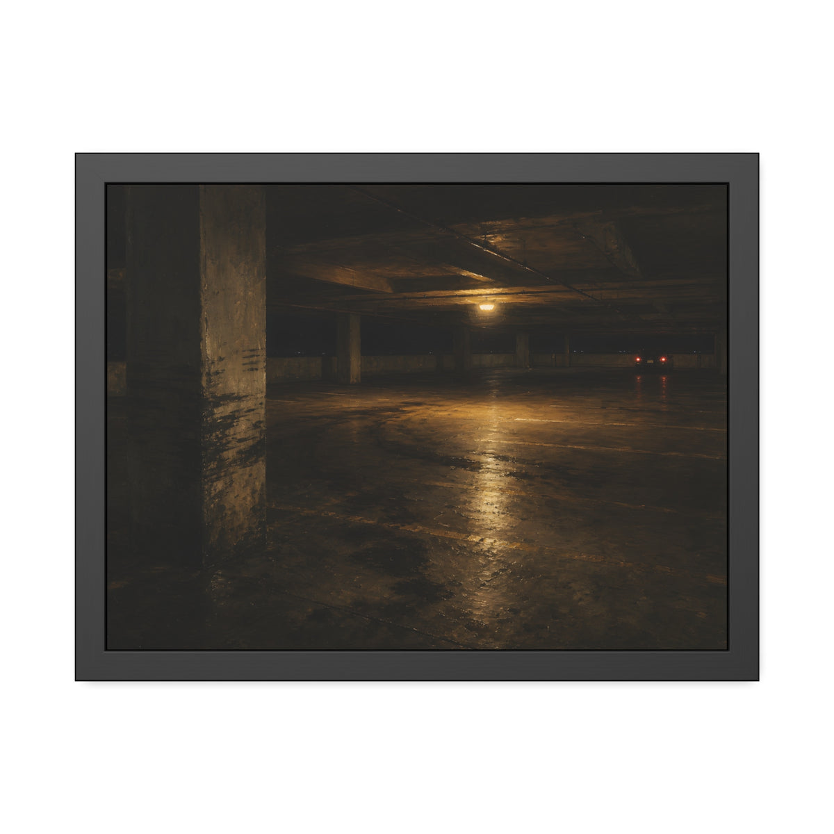 An empty concrete parking deck lit by one ceiling lamp, tail lights beyond. The Parking Garage, Level 4 by Garabaggio, framed fine art print, 24″ x 18″.