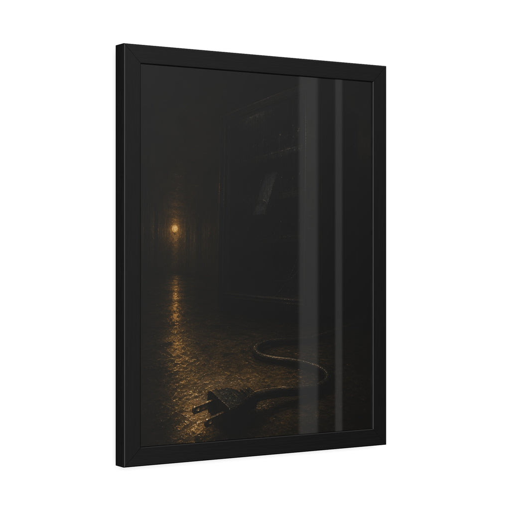 A dark vending machine with its unplugged cord lying on a wet corridor floor. The Unplugging by Garabaggio, framed fine art print hanging in a room.
