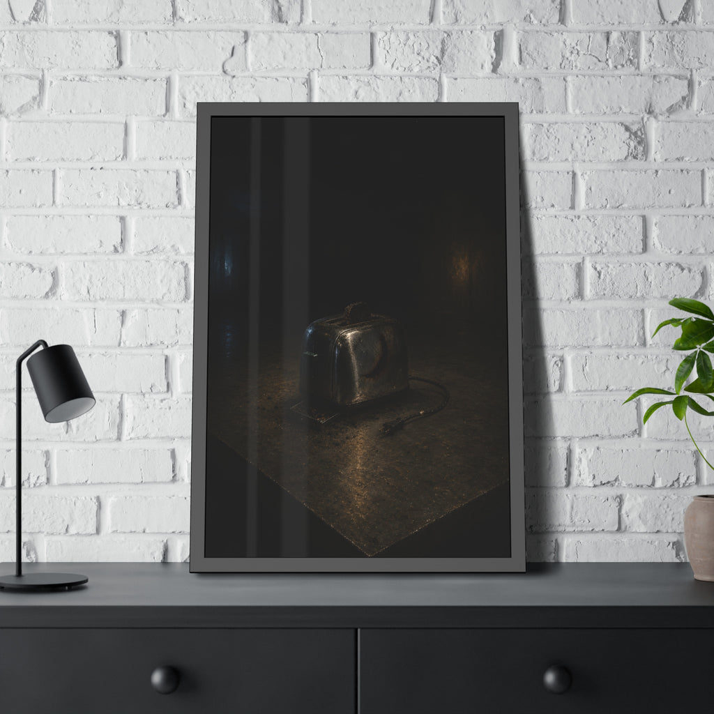 A scorched chrome toaster alone on a metal counter in a dark room. The Cooling on Steel by Garabaggio, framed fine art print hanging in a room.