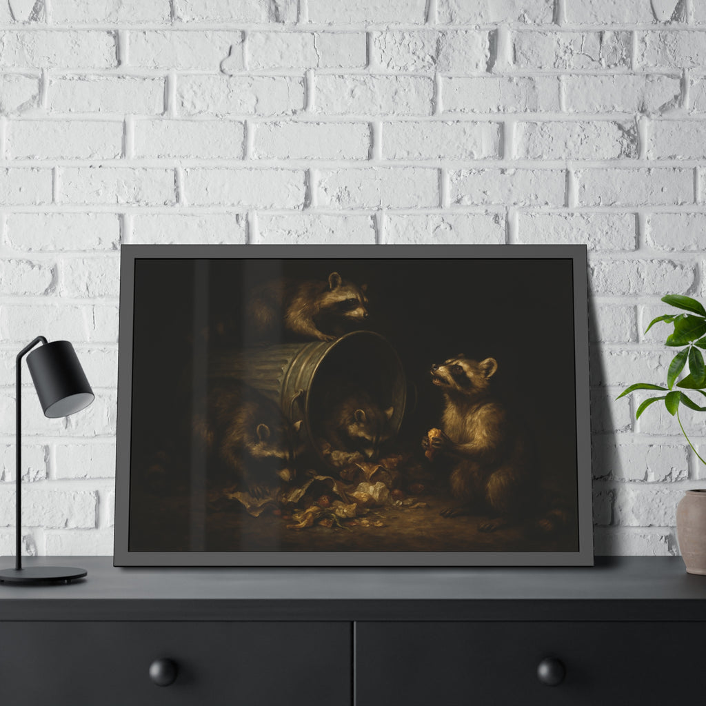 Four raccoons around a toppled metal trash can in the dark. The Last Bite by Garabaggio, framed fine art print hanging in a room.