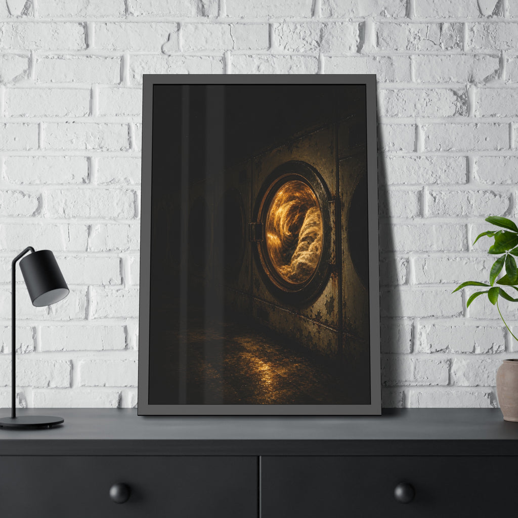 A row of dryers with one drum lit and tumbling in a dark laundromat. The Last Dryer Turning by Garabaggio, framed fine art print hanging in a room.