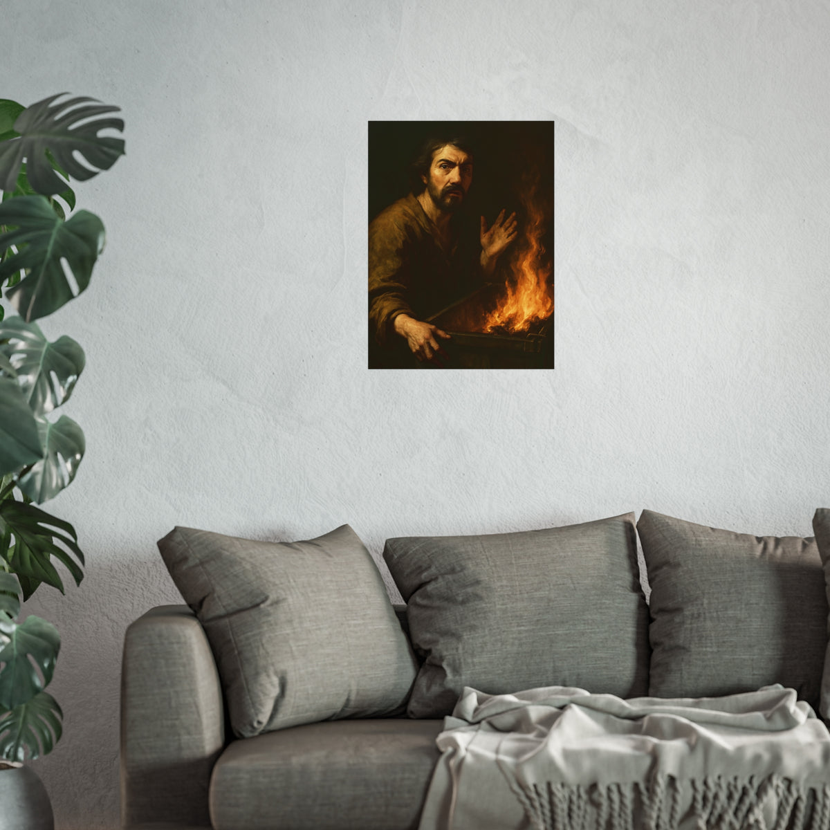 Man gripping the edge of a burning dumpster with one hand raised. Self-Portrait at 3:40 AM by Garabaggio, fine art print hanging in a room.