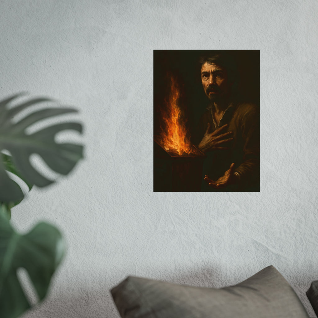 Man reaching an open palm toward a dumpster fire at his left. Self-Portrait as the Doubting Thomas by Garabaggio, fine art print hanging in a room.