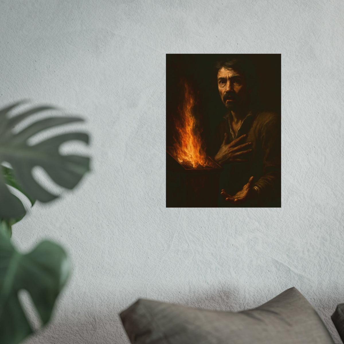 Man reaching an open palm toward a dumpster fire at his left. Self-Portrait as the Doubting Thomas by Garabaggio, fine art print hanging in a room.