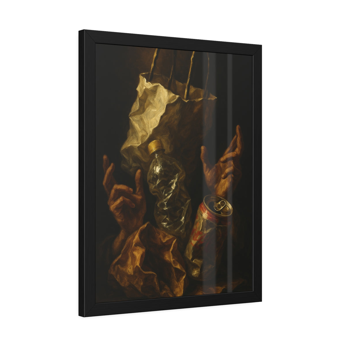 Two hands raised beside a paper bag, crushed bottle and dented can. The Assumption of the Discarded by Garabaggio, framed fine art print hanging in a room.
