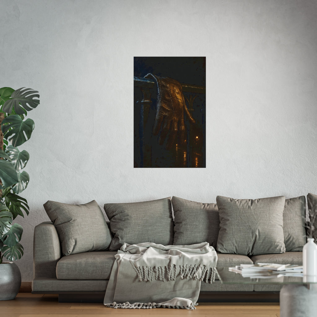 A leather glove draped over an iron railing, fingers hanging. The Repose of the Leather Glove, No. 1 by Garabaggio, fine art print hanging in a room.