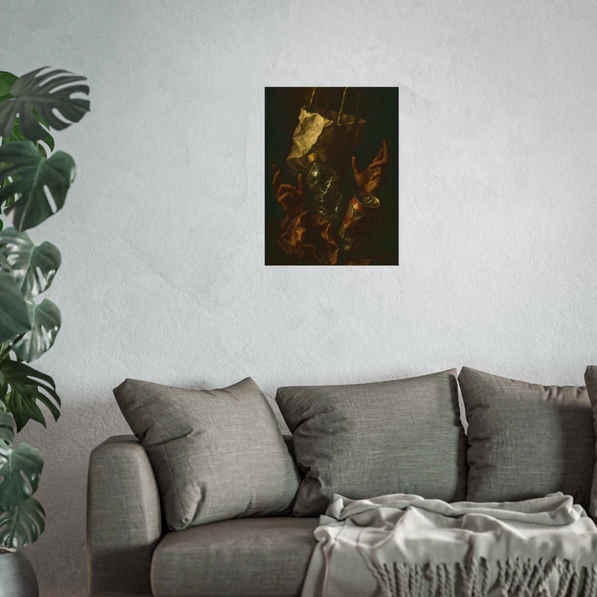 Two hands raised beside a paper bag, crushed bottle and dented can. The Assumption of the Discarded by Garabaggio, fine art print hanging in a room.
