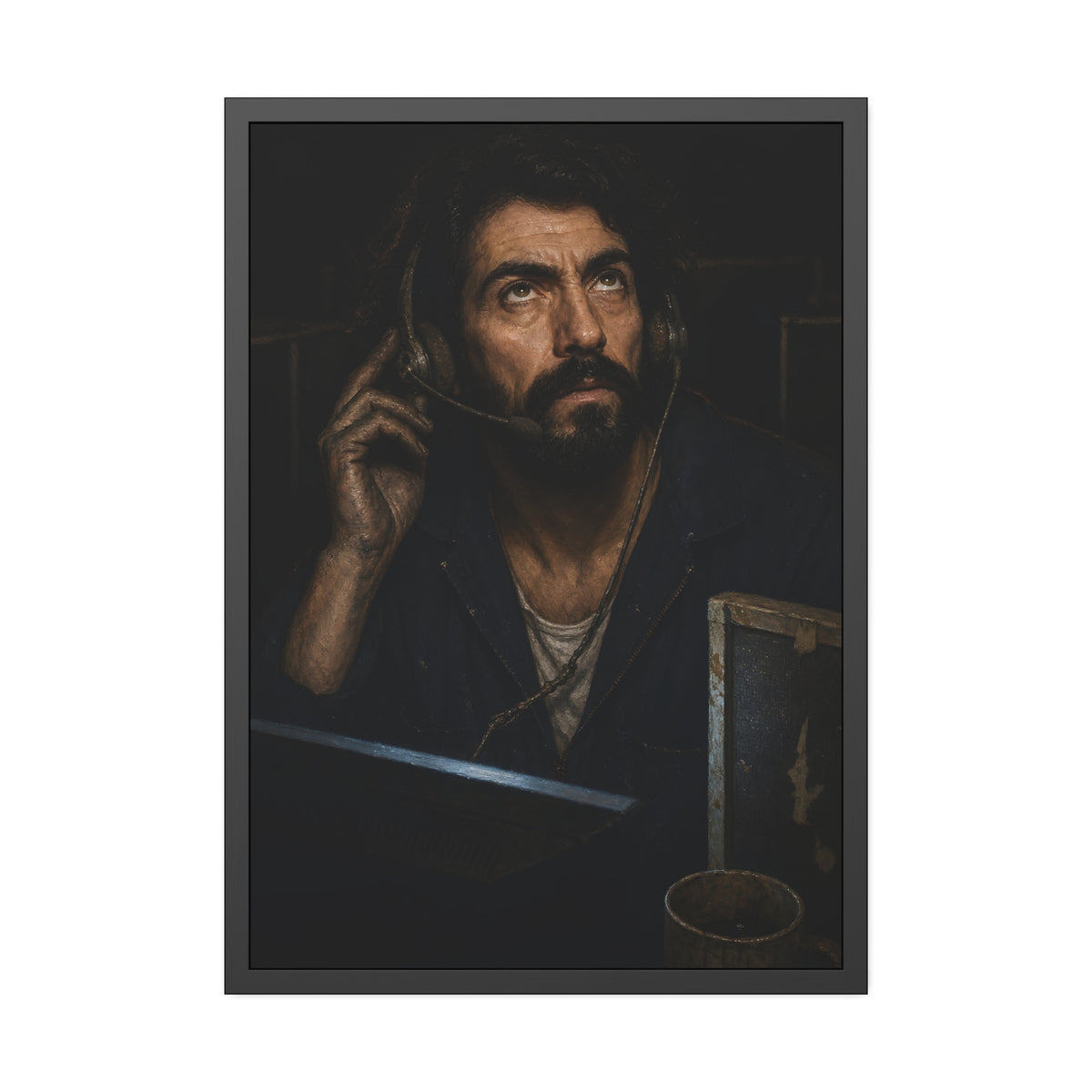 A man in a phone headset looks upward over the glow of a monitor. Garabaggio on Hold by Garabaggio, framed fine art print, 28″ x 40″.
