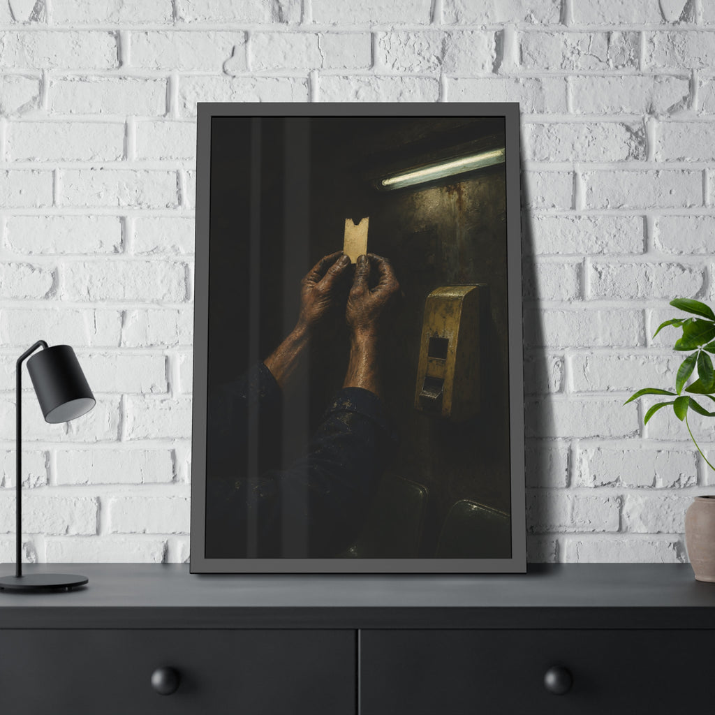 Weathered hands holding a paper queue ticket under a fluorescent tube. The First Number by Garabaggio, framed fine art print hanging in a room.