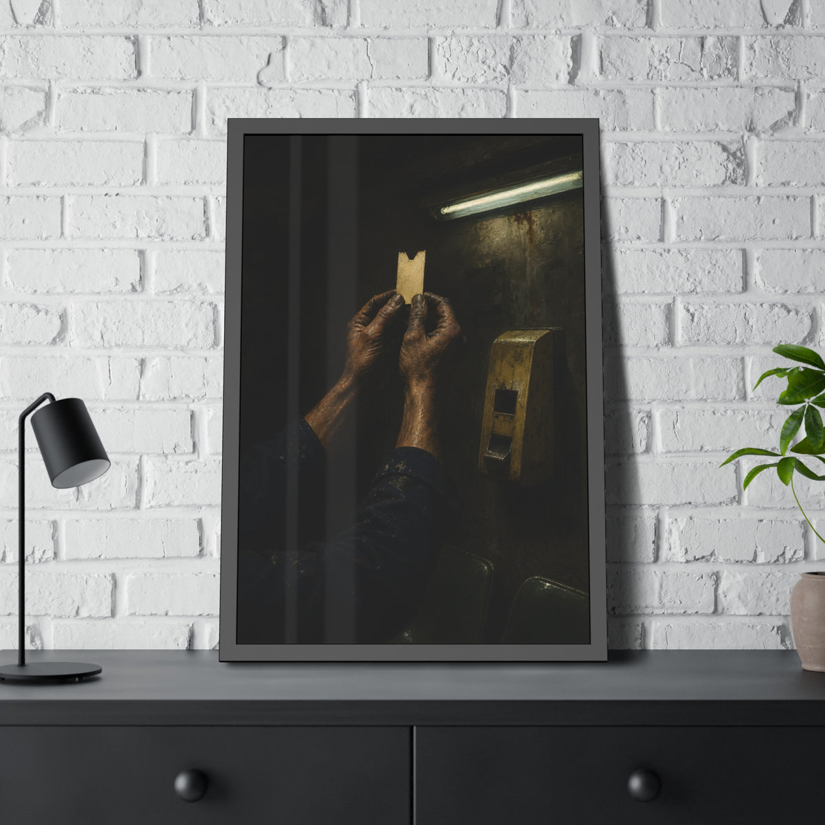 Weathered hands holding a paper queue ticket under a fluorescent tube. The First Number by Garabaggio, framed fine art print hanging in a room.