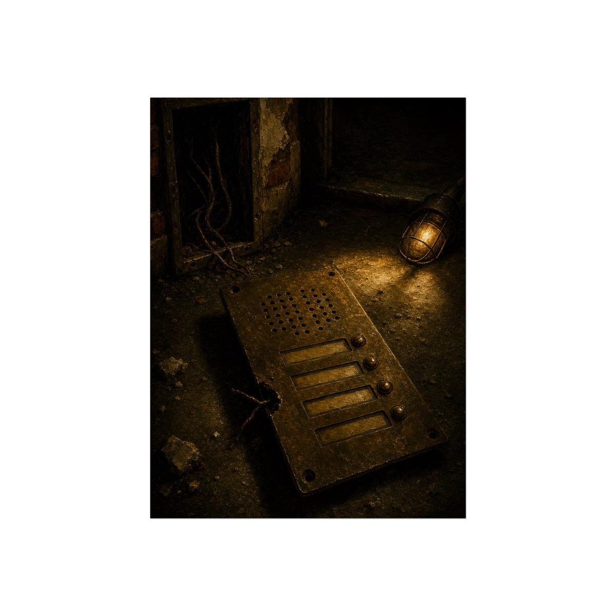An intercom panel face up on a floor, wires cut, lit by a work lamp. The Plate Taken Down by Garabaggio, fine art print, 12″ x 16″.