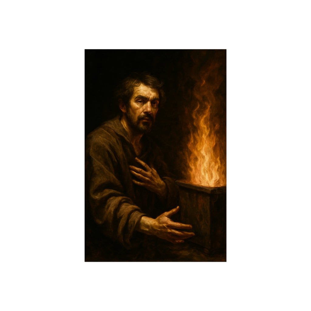 Bearded man with a hand on his chest beside flames rising from a bin. Self-Portrait as a Penitent by Garabaggio, fine art print hanging in a room.