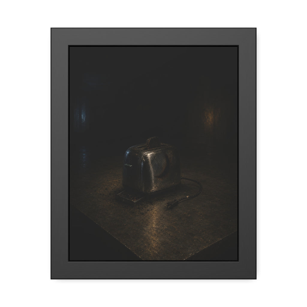 A scorched chrome toaster alone on a metal counter in a dark room. The Cooling on Steel by Garabaggio, framed fine art print, 11″ x 14″.