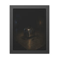 A scorched chrome toaster alone on a metal counter in a dark room. The Cooling on Steel by Garabaggio, framed fine art print, 11″ x 14″.