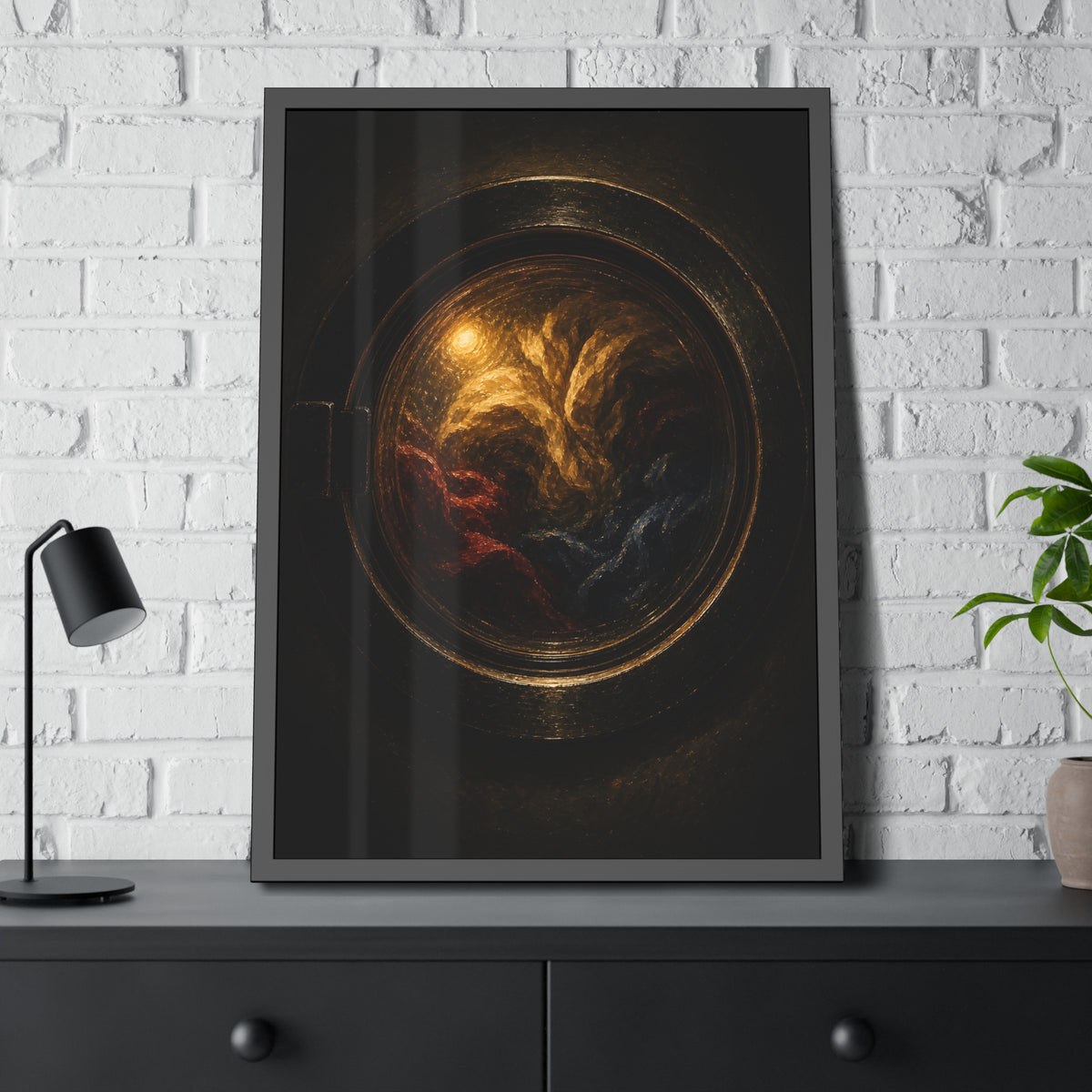 Colored laundry tumbling behind a round washer window in the dark. The Rose Window Turning by Garabaggio, framed fine art print hanging in a room.