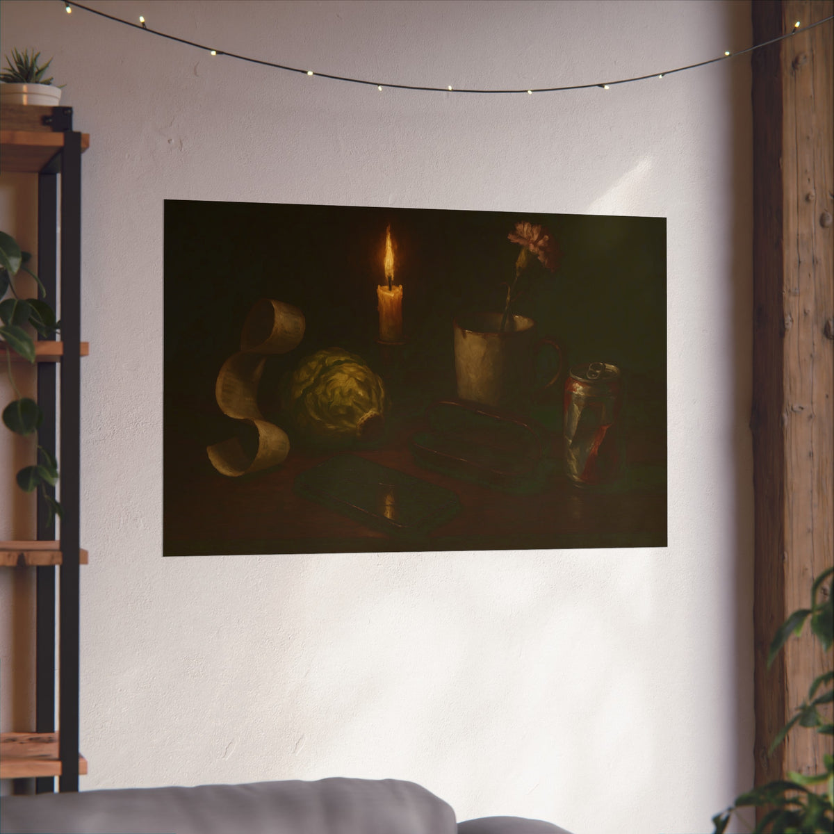 A candle, lettuce head, curled receipt and can on a dim table. Vanitas with Receipts and Wilted Lettuce by Garabaggio, fine art print hanging in a room.