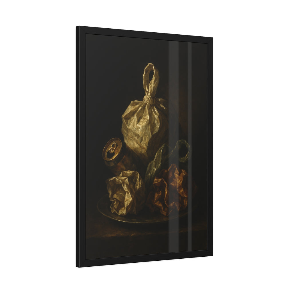 Knotted plastic bag on a plate with crumpled wrappers and a crushed can. Communion of the Knotted Bag by Garabaggio, framed fine art print hanging in a room.